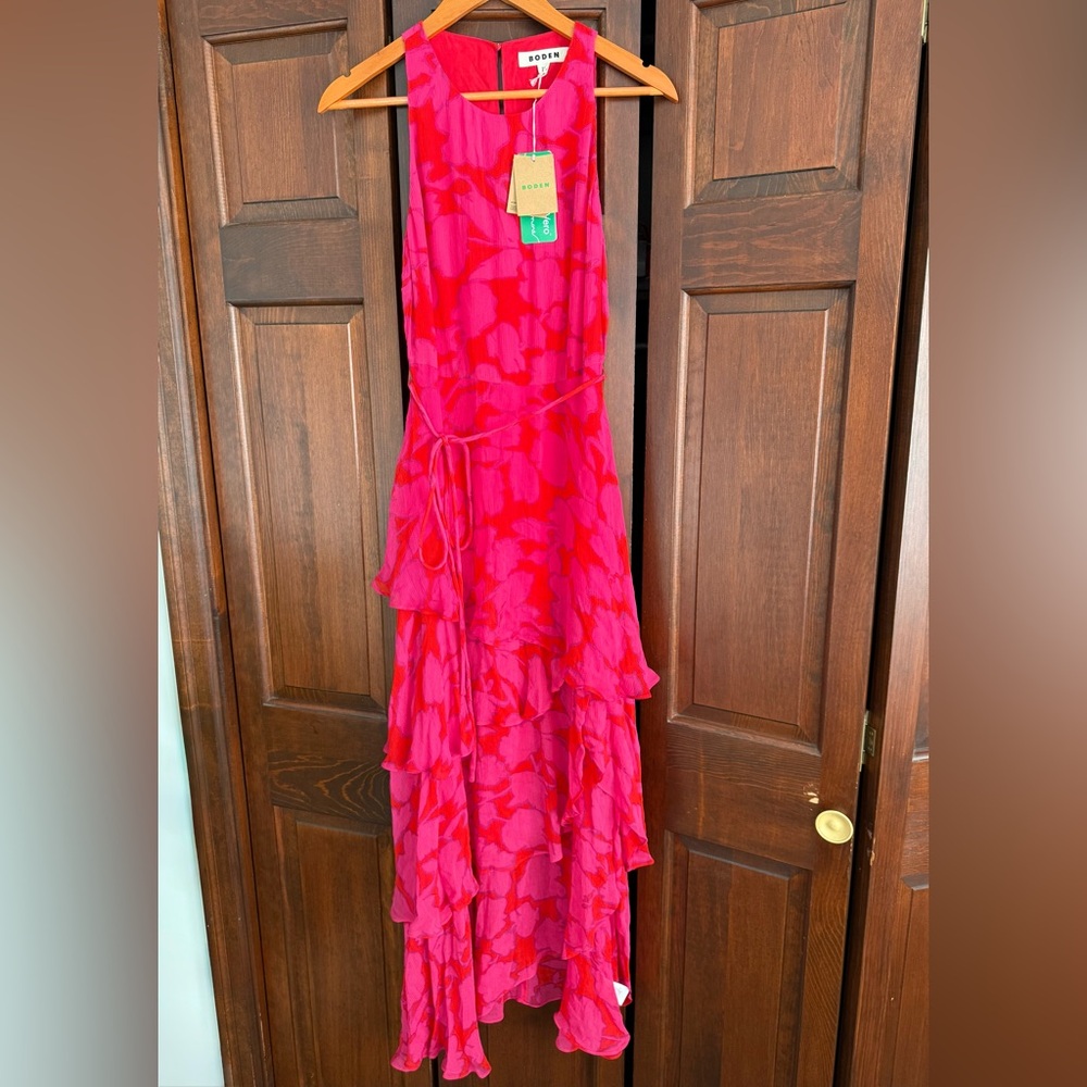 NWT Boden Sleeveless Tiered Floral Pink Red Maxi Dress